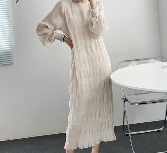 jinran Elegant Chiffon Dress Women Summer Casual Simple Loose Dereees Female Korean Solid Lantern Sleeve Holiday Dress