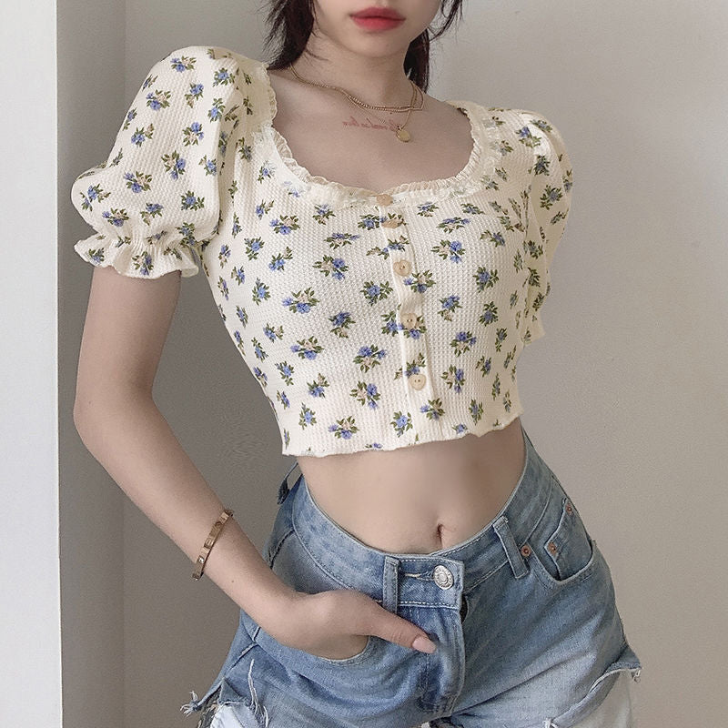 jinran Elegant French Style Summer Women Puff Sleeve Floral T shirts Casual Lace Patchwork Slim Cropped Tops Streetwear Harajuku Tee