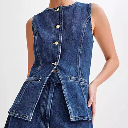 jinran Office Lady White Denim 2pcs Clothes Set Sleeveless Slit O Neck Top High Waist Wide Short Suit Fashion Casual Shorts Pants 2024