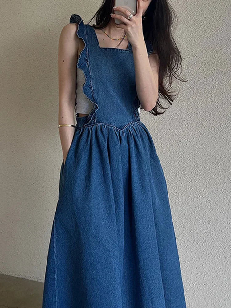 jinran  Korean Chic Square Neck Edible Tree Fungus Edge Sleeveless Shoulder Strap Blue Denim Dress Women 2024 Spring Summer 6U8350