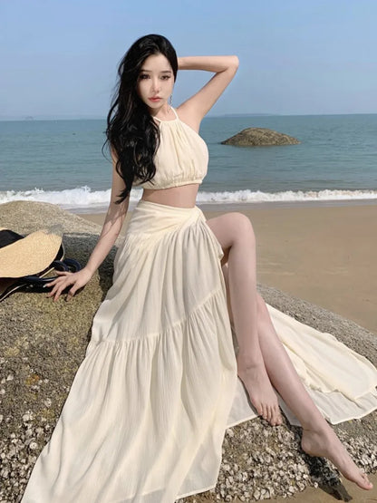 jinran Summer Women Beach Two Piece Set Sexy Strap Short Tops & High Waist  One-Piece Lace Up Skirt Outfits Korean Fashion Clothing