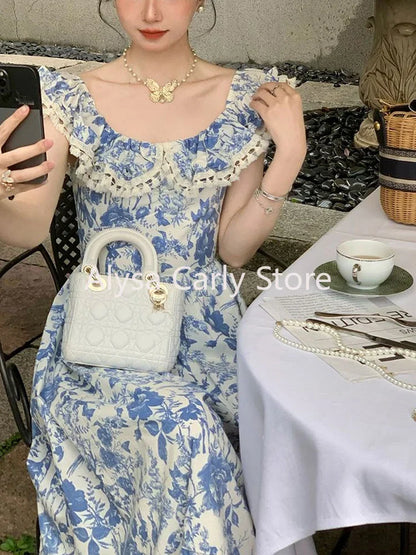jinran Elegant Korean Fairy Long Dress Women Sexy Ruffles Party Slip Floral Dress Korean Style Summer Dress Female 2024 Casual Fashion