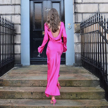 jinran Woman Flare Long Sleeve Sexy Backless Strapless Satin High Split Autumn SolidDresses Ladies Elegant Slim Party Long Dress