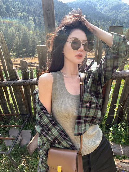 jinran Green Plaid Shirts Women Blouse Spring Summer 2023 Vintage Loose Button Up Shirt Coat Casual Long Sleeve Tops Y2k Clothes