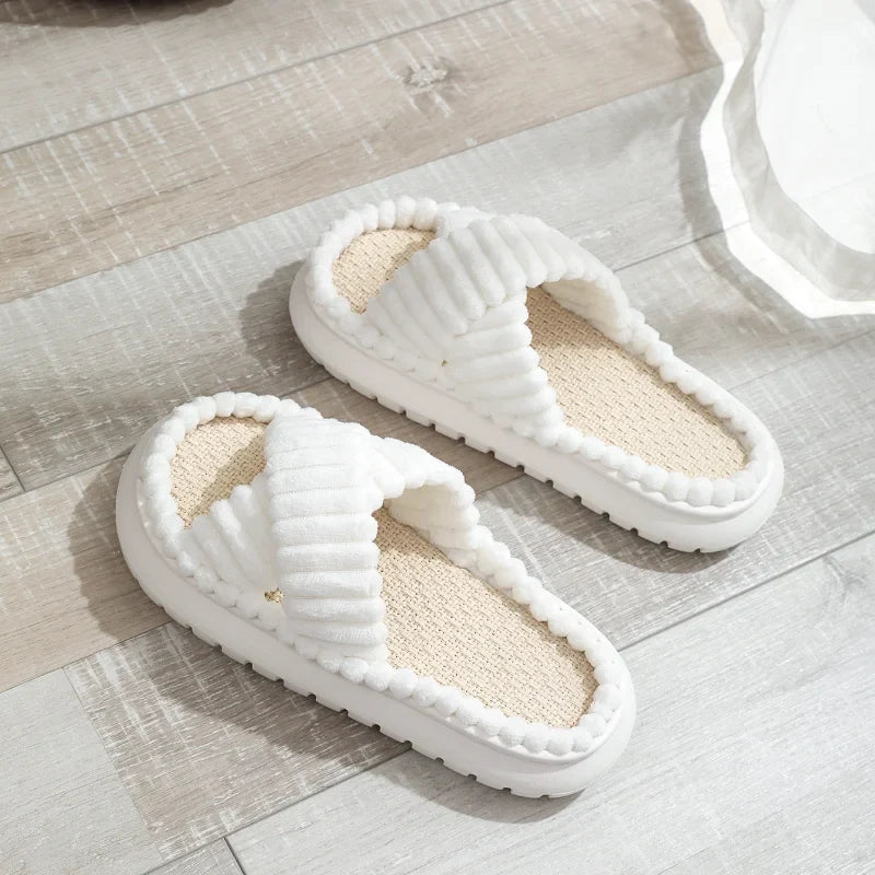 jinran 2024 Autumn Winter New Women Home Slippers Open-Toe Cross Band Linen Soled Indoor Slides Linen Soled Non-Slip Bathroom Slippers