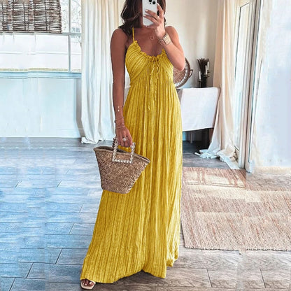 jinran Women Maxi Dress Summer Casual Printed Halter Sleeveless V Neck Lace Up Backless Beach Loose Dresses High Streetwear