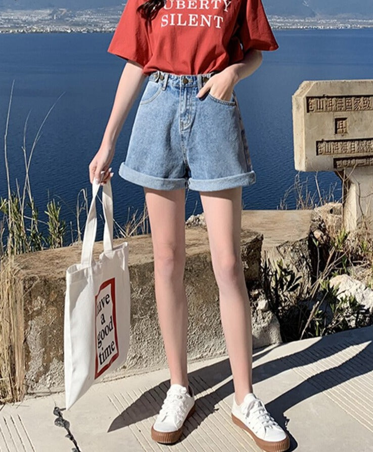 jinran New Summer Women High Waist Wide Leg Denim Shorts Casual Female Loose Fit Streetwear Solid Color Straight Jeans Shorts