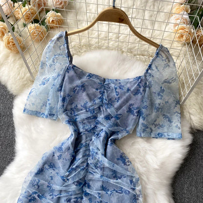 jinran Summer Floral Print Midi Dress Holiday Square Neck Short Sleeves Zipper Design Mermaid Sheer Chiffon Beach Sundress
