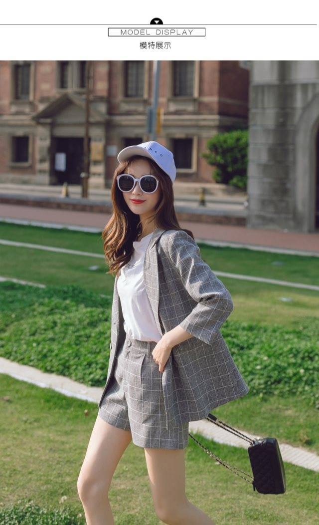 jinran Spring Summer Women Thin Casual Blazer Korean Fashion Graceful Plaid Suit Coat+Short Pants Two Pieces Set Workwear Female