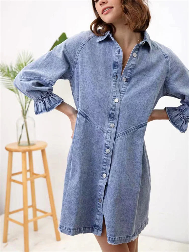 jinran Woman Sweet Pink Loose Denim Short Dress 2023 Summer Female Solid Single Breasted Mini Dress Casual Three-quarter Sleeve Dresses