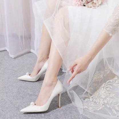 jinran 2024 New Pointed White Pearl 7cm Thin High Heel Women's Red Bridal Wedding Shoes