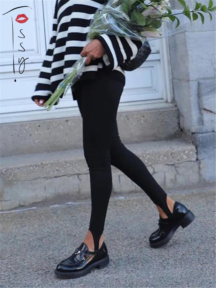 jinran Black Ribbed Knit Leggings Women High Waist Cotton Fitness Basic Pants Casual Spring New All-Match Female Skinny Leggings