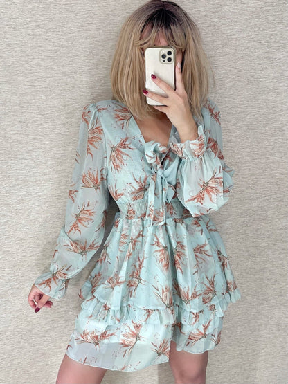 jinran Seawefit 2024 Print Chiffon Dress Ruffle Long Sleeves Mini Dresses Women Belt String Outfits Female Shirring Elegant Floral Robe