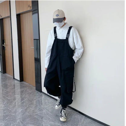 Suspenders Jumpsuit Pants Men Summer Overalls Japanese Loose Straps Casual Pockets Unisex Oversize Streetwear Solid Man Clothing