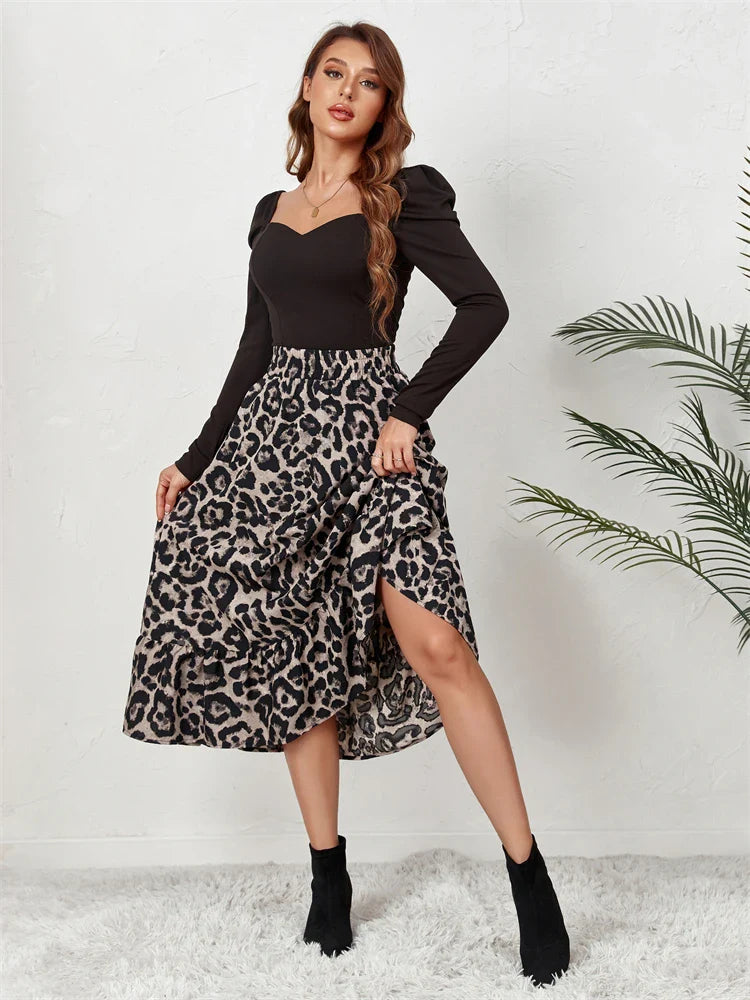 jinran  High Waist Leopard Midi Skirt For Women Casual Boho Printed Long Tulle Skirt Ladies 2024 Autumn New Chiffon A-line Skirt