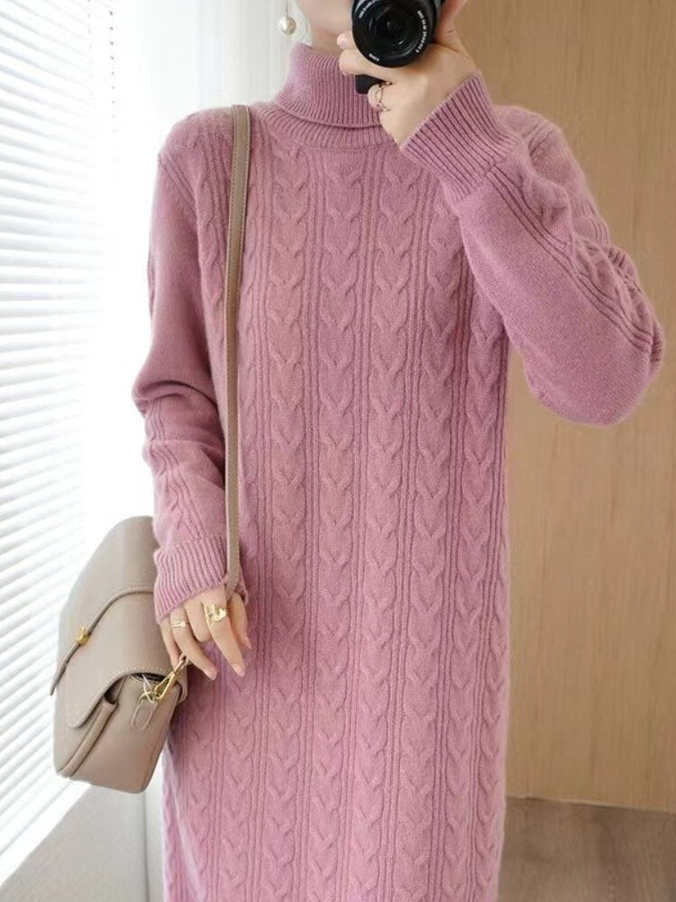 jinran Women Clothing Fashion Turtleneck Knitted Dress 2022 Autumn Winter New Lace-up Waist Sweater Skirt Korean Clothes Women Dresses