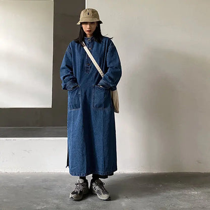 jinran Oversized Vintage Denim Dress Female Retro Japanese Loose Stand Collar Long Sleeves Big Pocket Long Dress 2022 New Spring