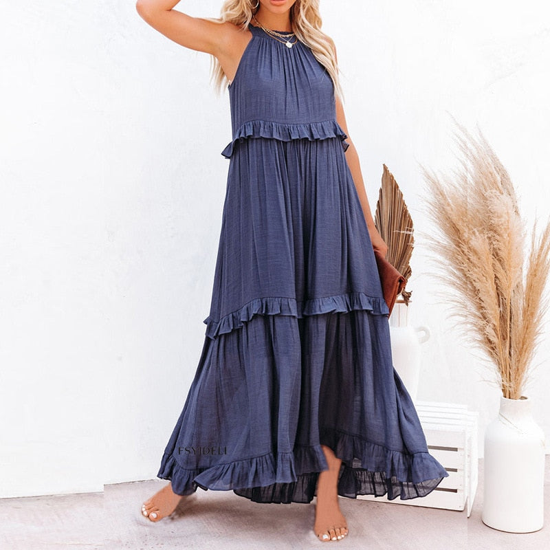 jinran Casual Solid Ruffle Long Dress Women Summer A-line Sleeveless Maxi Dresses Elegant Tie-Up Loose Beach Party Dress Vestidos Robe