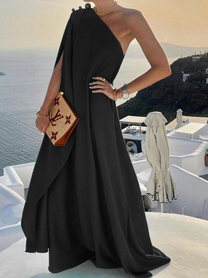 jinran New Summer Fashion One Shoulder Button Beach Long Dress Elegant Women Solid Loose Party Dress Sexy Diagonal Neck Boho Robe Dress