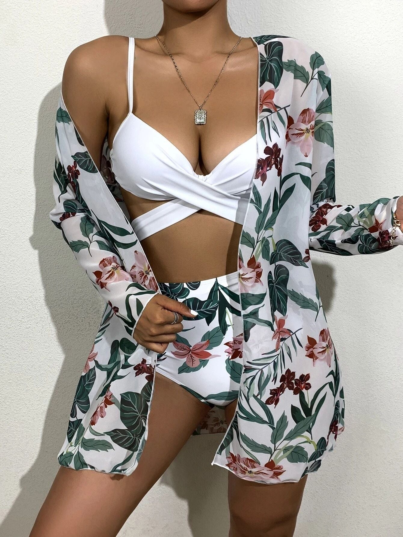 jinran New Bikini Sexy Mesh Three-piece Printed Split Swimsuit Women Women's Bikinis Trend Swimwear Two-piece Push Up