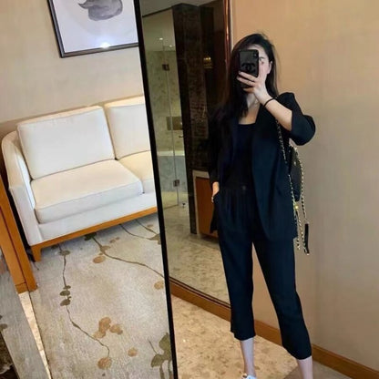 jinran 2022 Summer South Korea Thin Suit Suit Elegant Women Simple Fashion Coat High Waist Straight Tube Capri Pants Two-piece Set