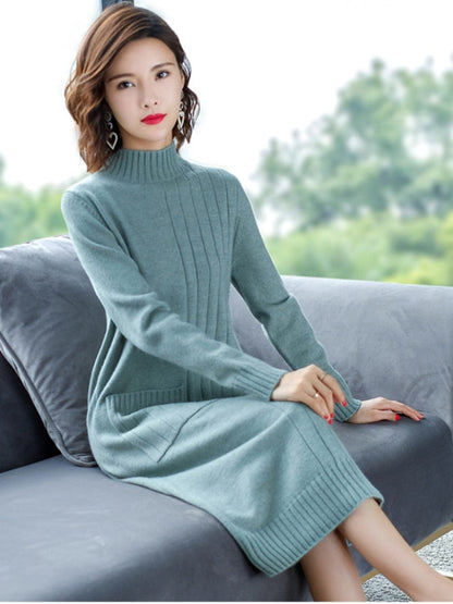 jinran Half High Collar Sweater Dress for Women In Autumn Winter New Medium Long Bottoming Sweater Knitted Pullover Streetwear Dresses