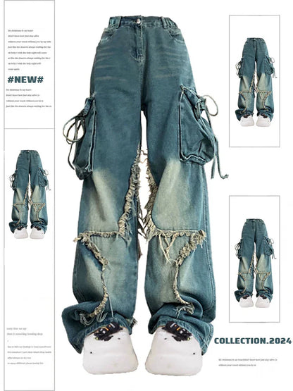 jinran Women Blue Cargo Jeans Baggy Vintage 90s Aesthetic High Waist Cowboy Pants Harajuku Denim Trousers Y2k Trashy 2000s Clothes 2024