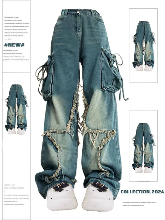 jinran Women Blue Cargo Jeans Baggy Vintage 90s Aesthetic High Waist Cowboy Pants Harajuku Denim Trousers Y2k Trashy 2000s Clothes 2024