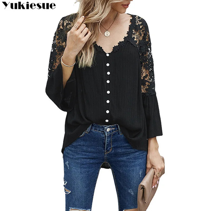 jinran Elegant  summer Top female lace blouse women shirts white Women's shirts and Blouses tops Long sleeve hollow out lwoman blouse