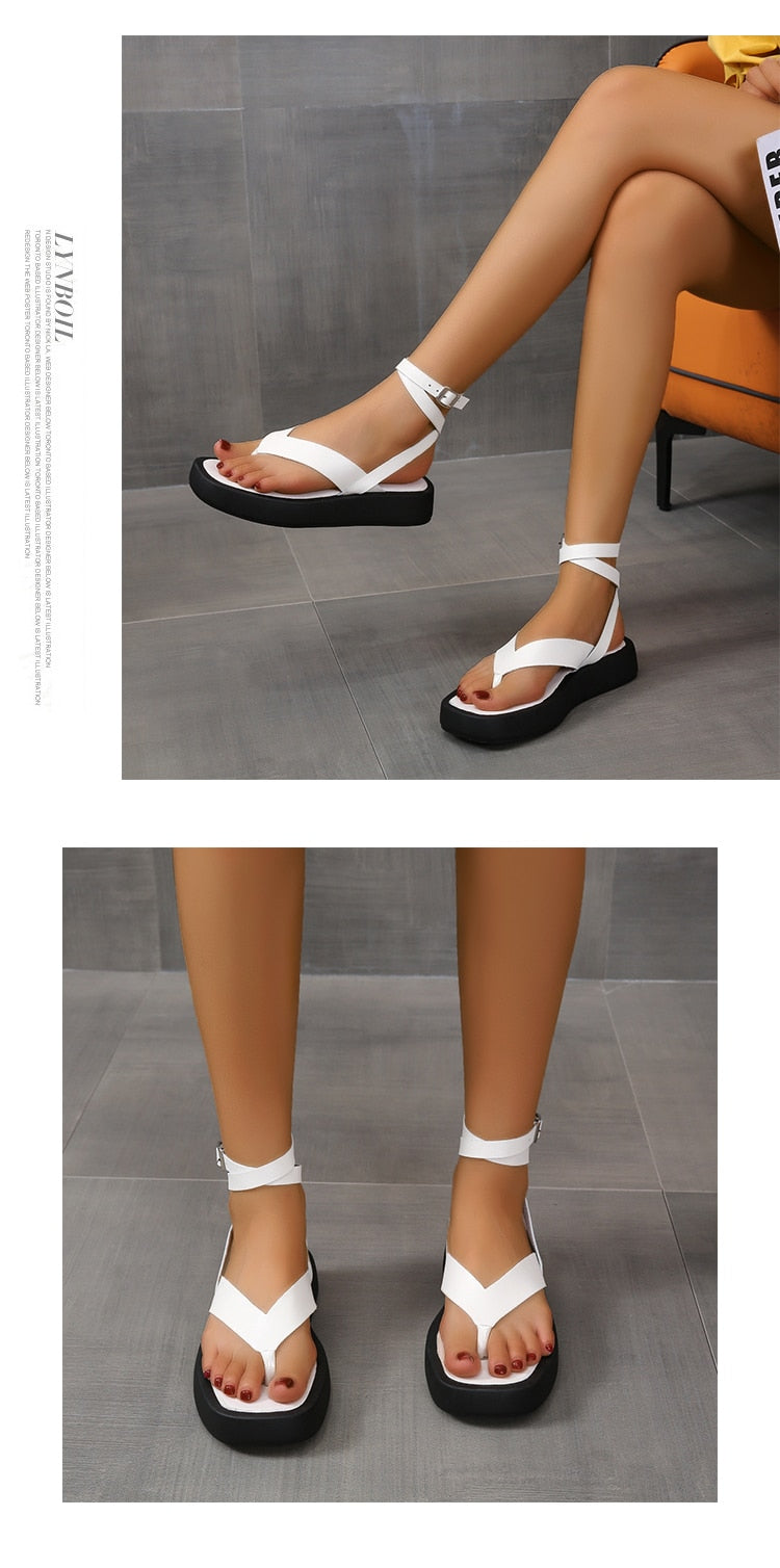 jinran Summer New Thick-soled Sandals Women's Platform Thick-soled Slip-toe Ankle Cross Buckle Sports Sandals Women Beach Shoes