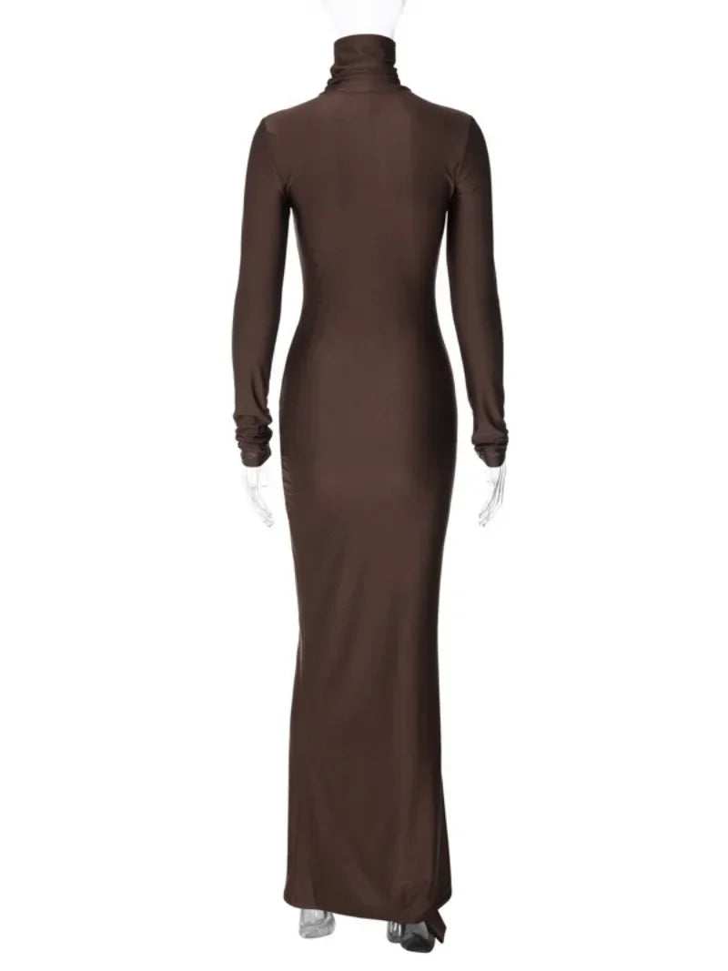 jinran Woman Clothing Turtleneck Low Waist Bandage Bodycon Holiday Dress Streetwear Autumn Winter Solid Slim Party Club Long Dresses