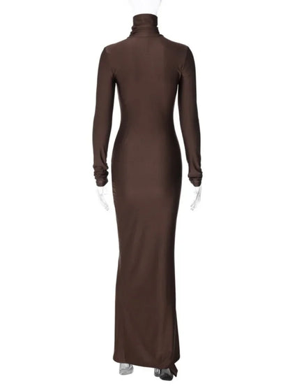 jinran Woman Clothing Turtleneck Low Waist Bandage Bodycon Holiday Dress Streetwear Autumn Winter Solid Slim Party Club Long Dresses