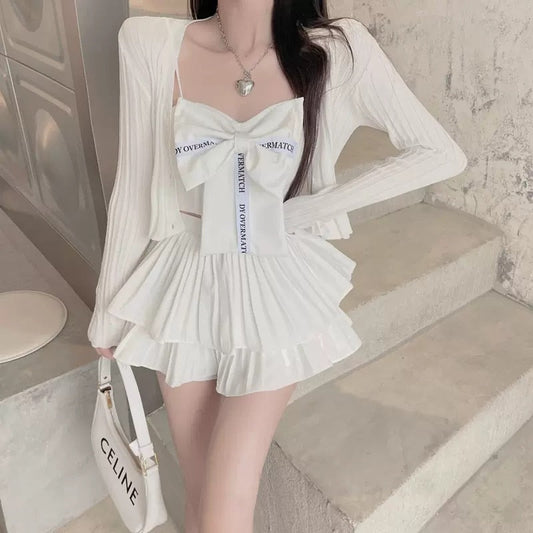 jinran Cute Women Two Piece Set White Long Sleeve Top High Waist Skirt Sweet Bowtie Summer 3 Pieces Sets Fashion Pleated Skirt Sets