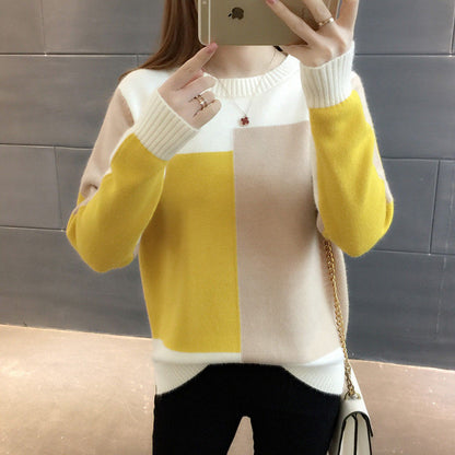 jinran Casual Irregular Autumn Winter O-Neck Women's Clothing Spliced Medium Strech Patchwork Thick Loose Bright Colors Pullovers New