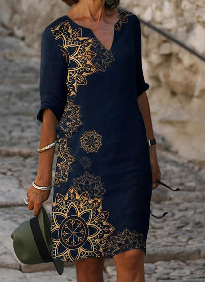 jinran Women Elegant Dress Summer Fashion Loose V-Neck Half Sleeve A-Line Dress Sundress Female Vintage Print Midi Dresses Vestidos