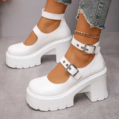 jinran  White Y2K High Heels Pumps Women 2024 Spring Chunky Platform Mary Jane Shoes Woman Plus Size Thick Heel Gothic Shoes 42