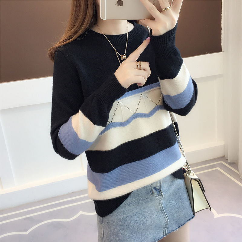 jinran 2022 New Striped Thick O-Neck Women's Clothing Loose Spliced Pullovers Medium Strech Casual Autumn Winter Sweaters Korean Trend