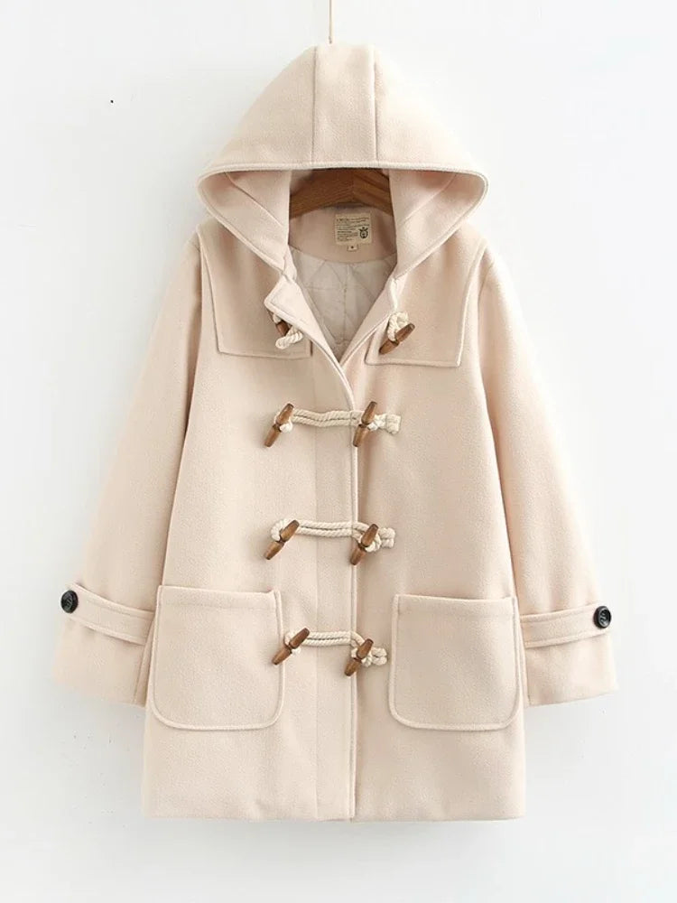 nvxiot  -  Winter Women Wool Blends Coat Straight Long Hooded Coats Jacket  Horn Button  Sleeve Preppy Style Female Warmness Outwears