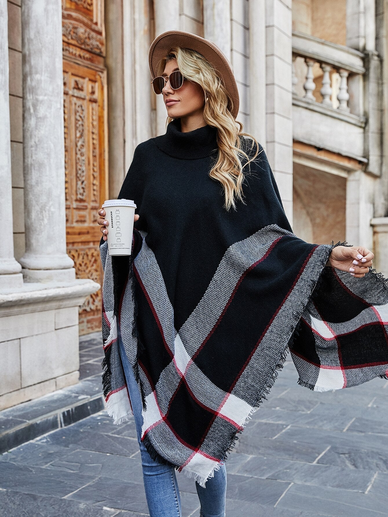 jinran Autumn Winter New Turtle Neck Plaid Fringed Shawl Cloak Fashion Casual Coat Cloak Pullover Women Sweater Long Sleeve Top