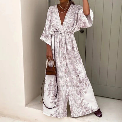 jinran Boho Deep V Neck Waist Drawstring Long Dress Women Spring Pattern Print Vintage Maxi Dress Summer Short Sleeve Loose Beach Dress
