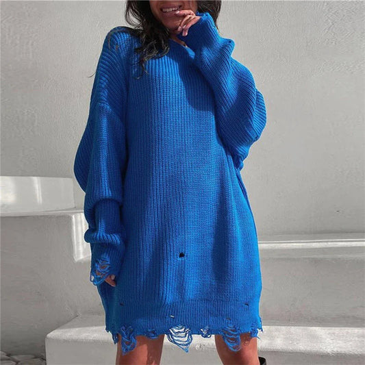 jinran Women Ripped Hole Knit Dress Autumn Winter Long Sleeve Mini Sweater Dresses Casual Loose Oversize Knitted Short Dresses