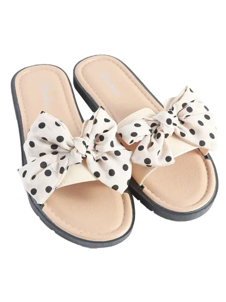 jinran Women Slippers Female Summer New Wave Dot Bow Knot Flip Flops Ladies Indoor and Outdoor Wear Beach Fashionable Sandals