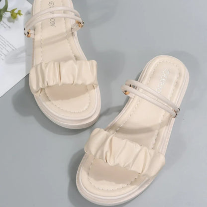 jinran Women Beige Pleated Design Wear Slingback Sandals Female Summer Ruched Detail Open Toe New Flatform Sandals Daily Shoes 2024