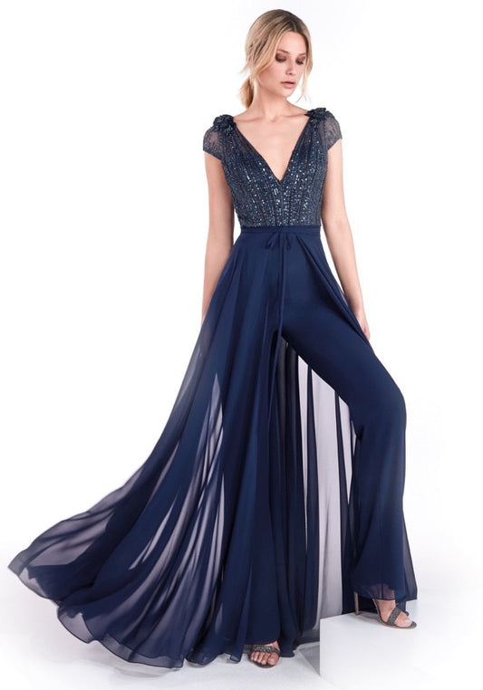 jinran Women Elegant Chiffon Jumpsuit Evening Dress With Overskirt Sexy Deep V-neck Sequined Top Pant Party Dress Backless Prom Dresses