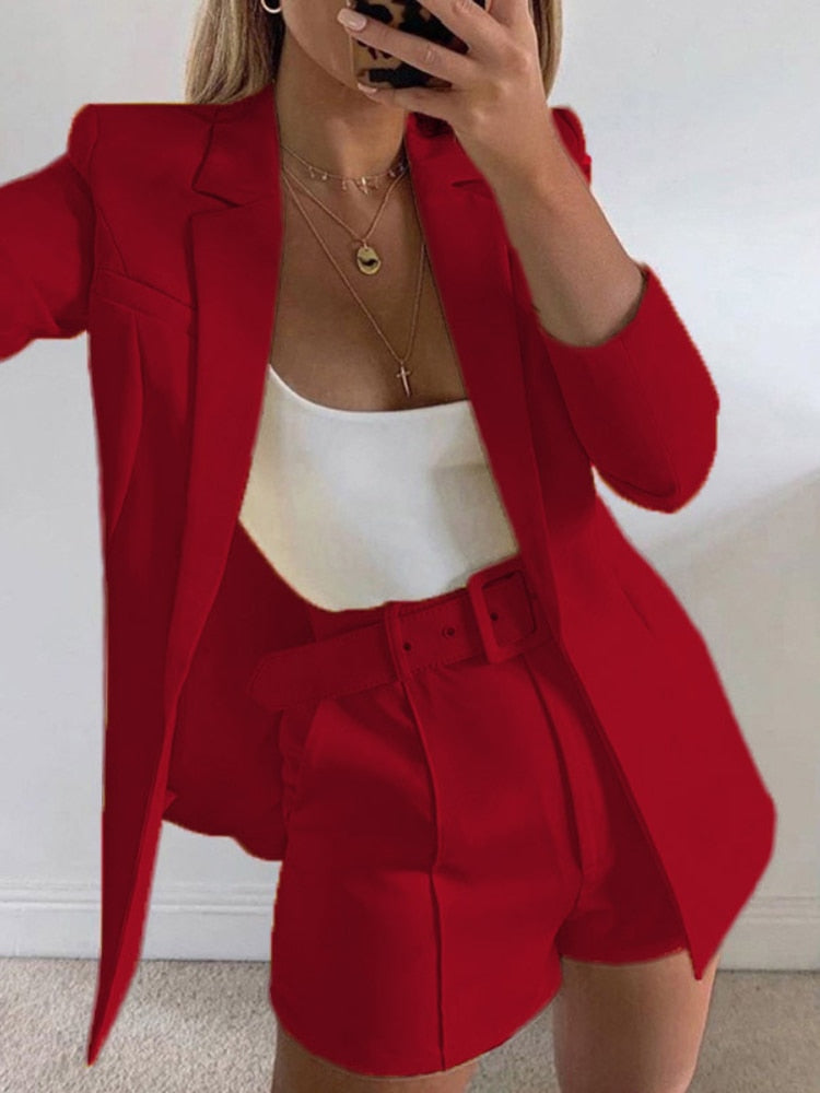 jinran New Spring and Summer Suit Jacket Shorts Sexy Temperament Women's Fashion Casual Lapel Cardigan Fashion Belt Women's Wear  Set