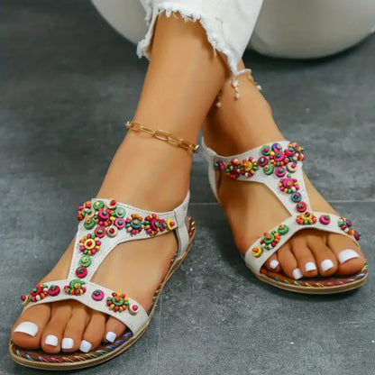 jinran Beaded Flowers Flat Heeled Sandals Women Summer 2023 Plus Size Open Toe Bohemian Sandals Woman Elastic Strap Rome Shoes