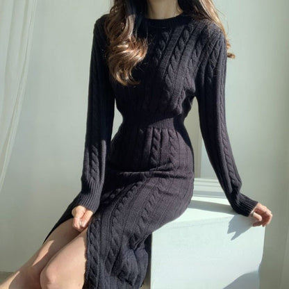 jinran Retro Split Knit Dress Women's Autumn Winter New Waist Slimming Bottoming Sweater Skirt Dress for Women Sweaters Dresses