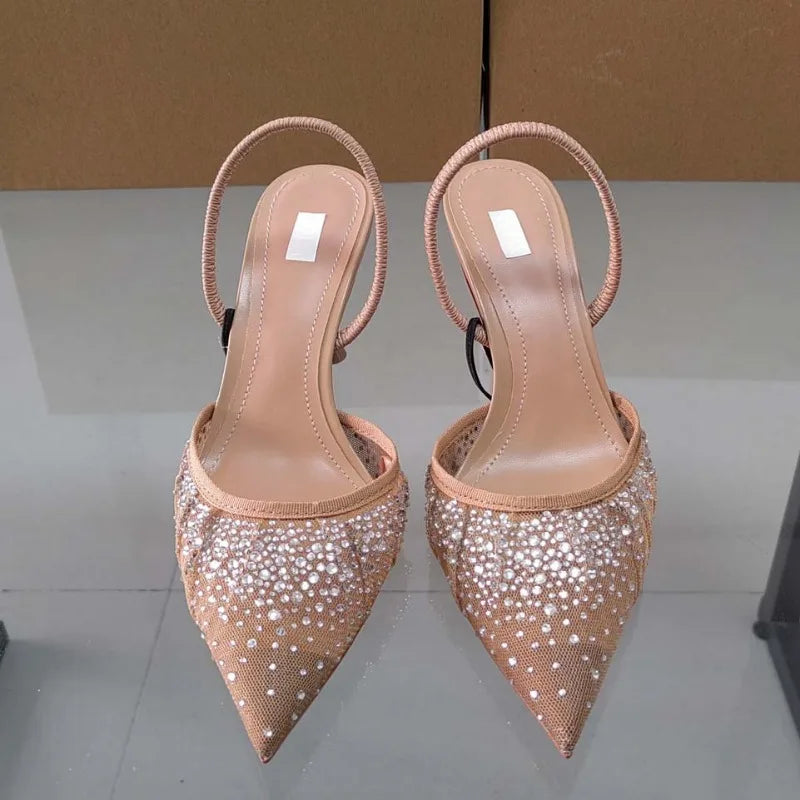 jinran 2024 Summer New Women's Sandals Water Diamond Bright Mesh High Heels Footwear Elegant Slingback Pointed Slip on Party Lady Shoes