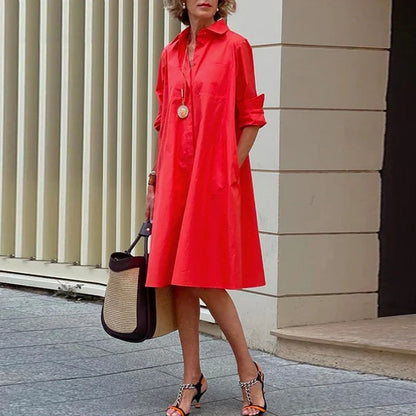 jinran Elegant Women Solid Shirt Dress Summer Casual Turn-down Collar Long Sleeve Midi Dresses Fashion Print Streetwear Dress Vestidos