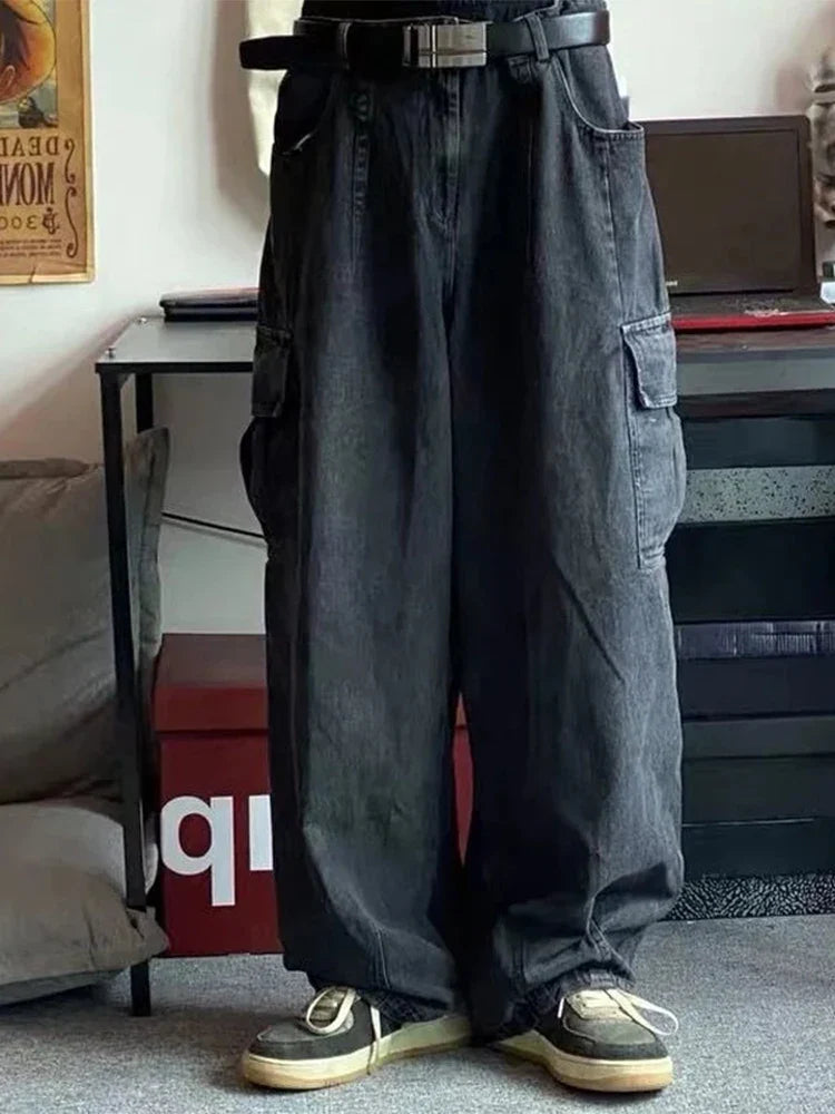 Baggy Jeans for Men Black Denim Cargo Pants Wide Leg Pants Oversize Cargo Pants Korean Streetwear Hip Hop Harajuku